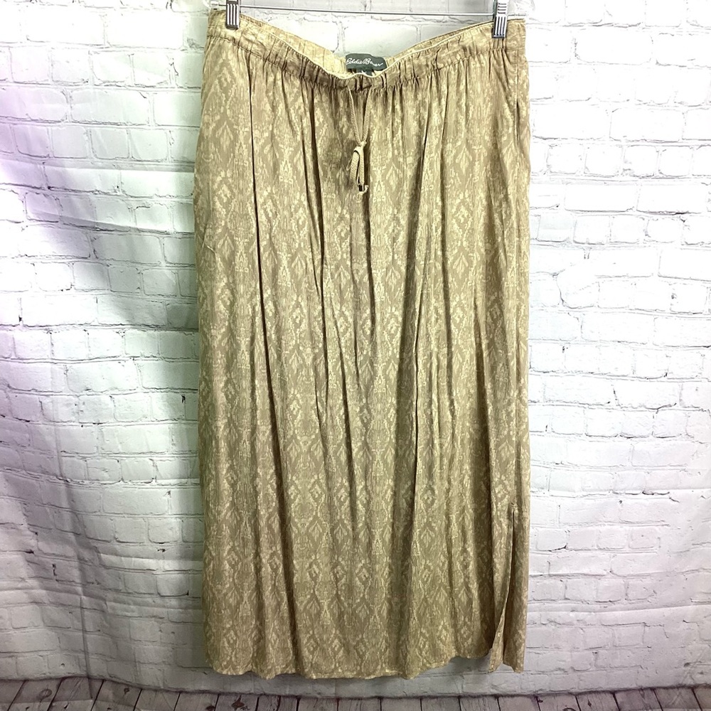 Eddie Bauer Tan Khaki Geometric Print Side Slit Maxi Skirt Size‎ Large Pockets